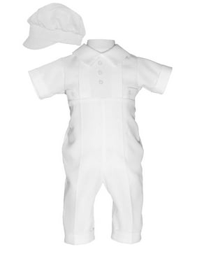 White Poly Cotton Christening Baptism Bib Collared Cross Embroidered Romper Set